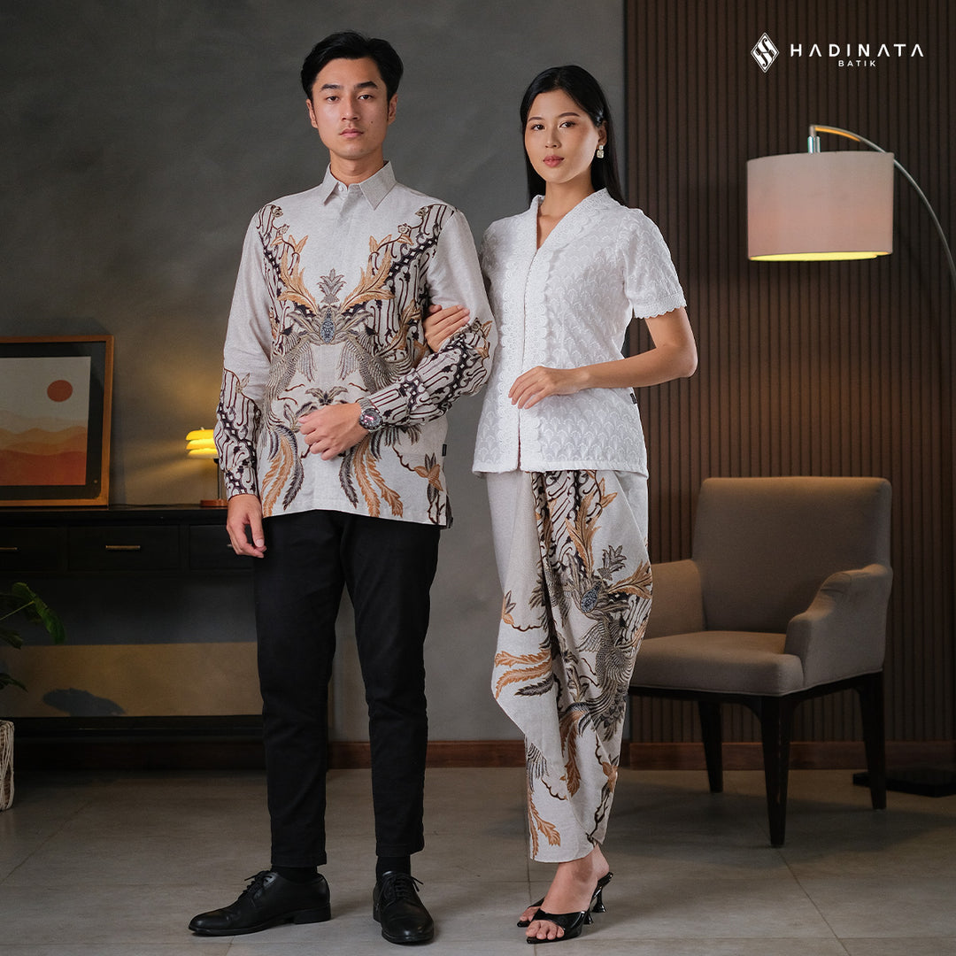 Hadinata Batik Sarimbit Set Batik Couple Gulzar Cream - Kemeja Panjang Dobby Furing & Rok Lilit