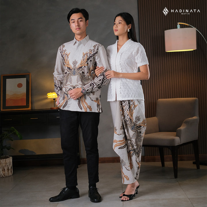 Hadinata Batik Sarimbit Set Batik Couple Gulzar Cream - Kemeja Panjang Dobby Furing & Rok Lilit