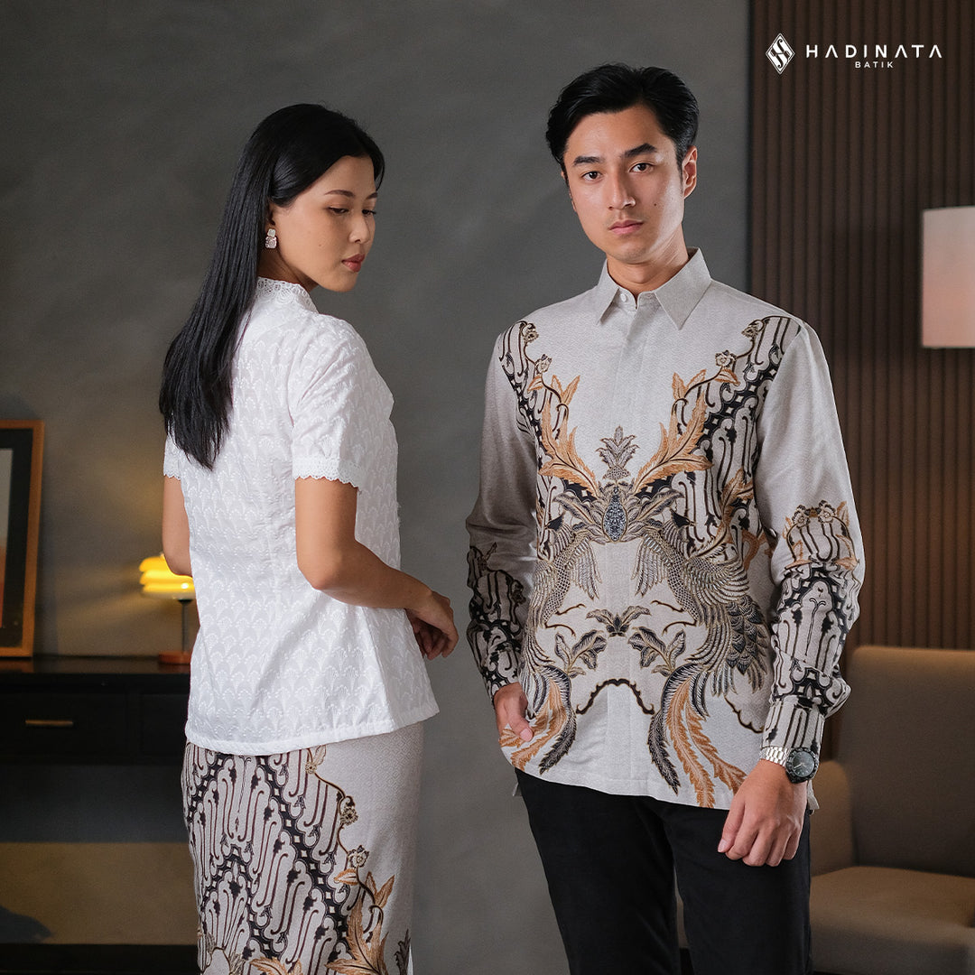 Hadinata Batik Sarimbit Set Batik Couple Gulzar Cream - Kemeja Panjang Dobby Furing & Rok Lilit