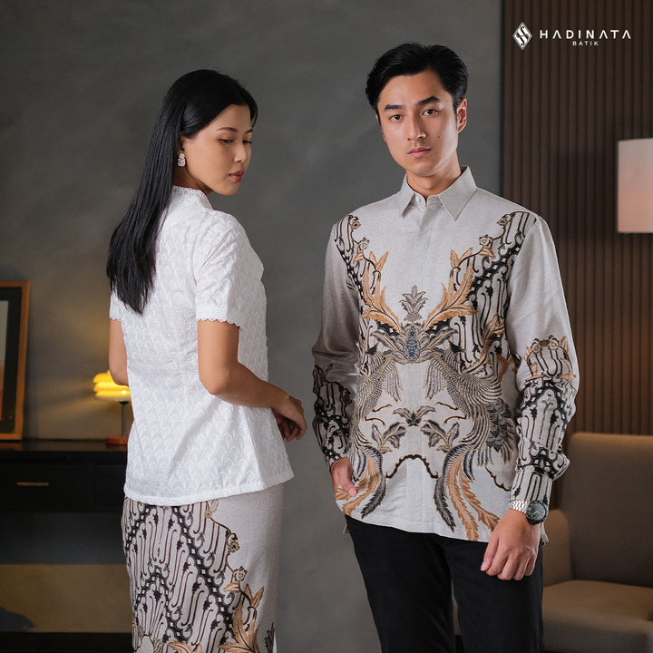Hadinata Batik Sarimbit Set Batik Couple Gulzar Cream - Kemeja Panjang Dobby Furing & Rok Lilit