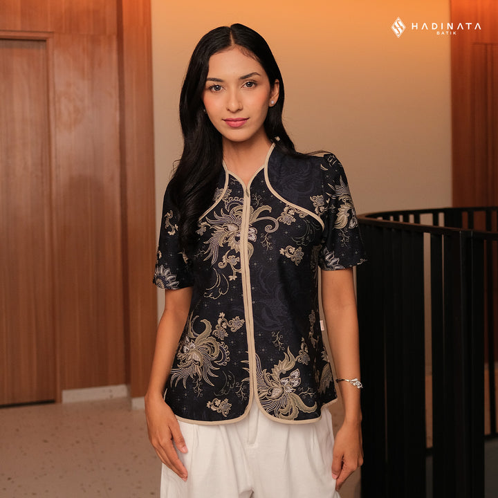 Hadinata Batik Premium Blouse Batik Wanita Lengan Pendek Superfine Sukmara Black
