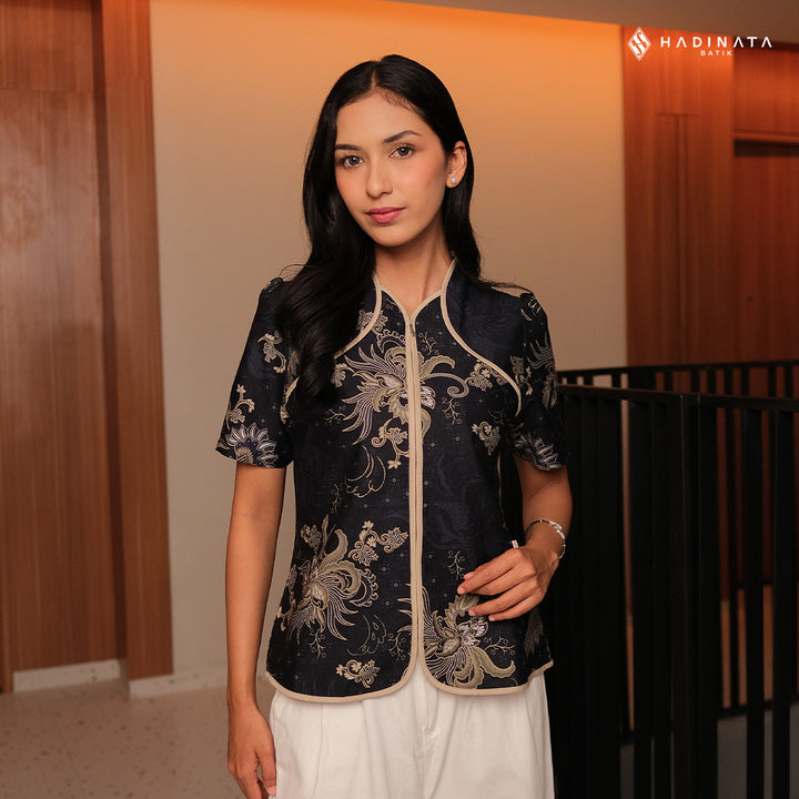 Hadinata Batik Premium Blouse Batik Wanita Lengan Pendek Superfine Sukmara Black
