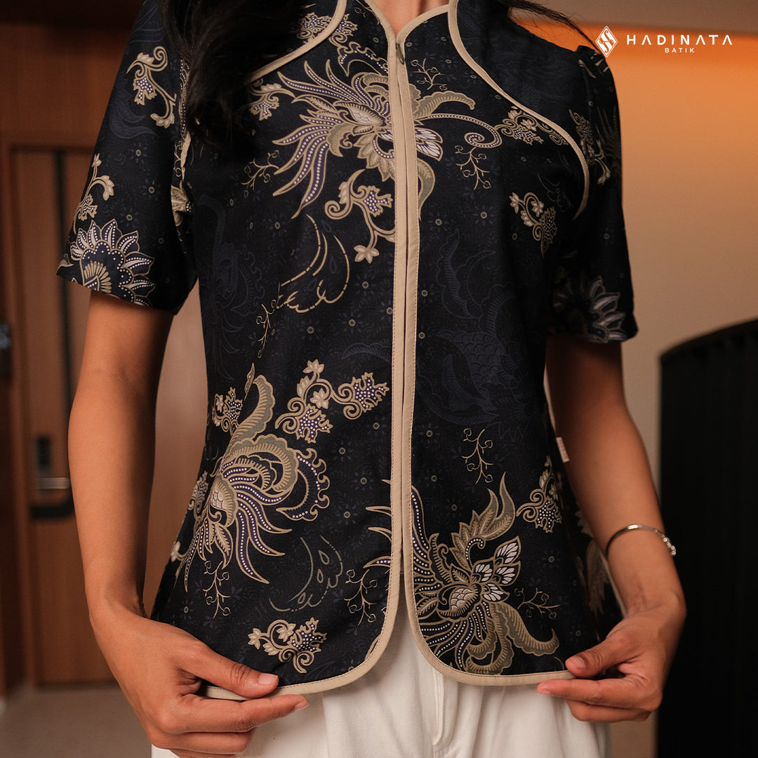 Hadinata Batik Premium Blouse Batik Wanita Lengan Pendek Superfine Sukmara Black
