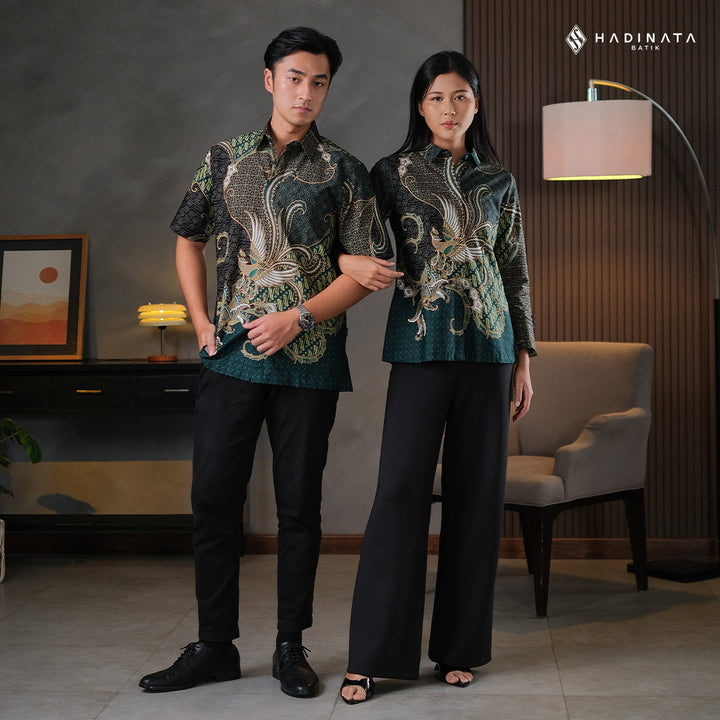 Hadinata Batik Sarimbit Set Batik Couple Mahija Green - Kemeja Pendek Superfine & Blouse Lengan Panjang