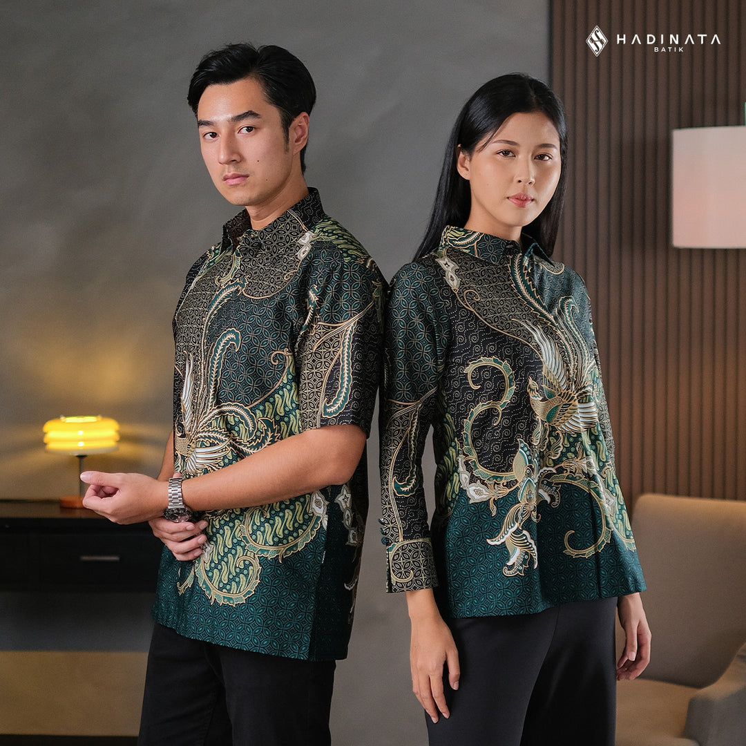 Hadinata Batik Sarimbit Set Batik Couple Mahija Green - Kemeja Pendek Superfine & Blouse Lengan Panjang