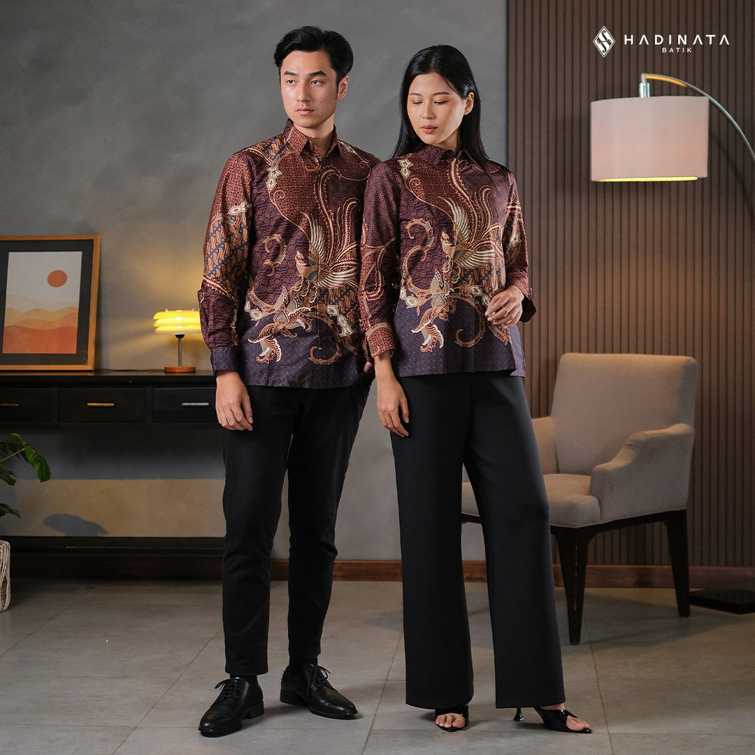 Hadinata Batik Sarimbit Set Batik Couple Mahija Brown - Kemeja Panjang Superfine & Blouse Lengan Panjang