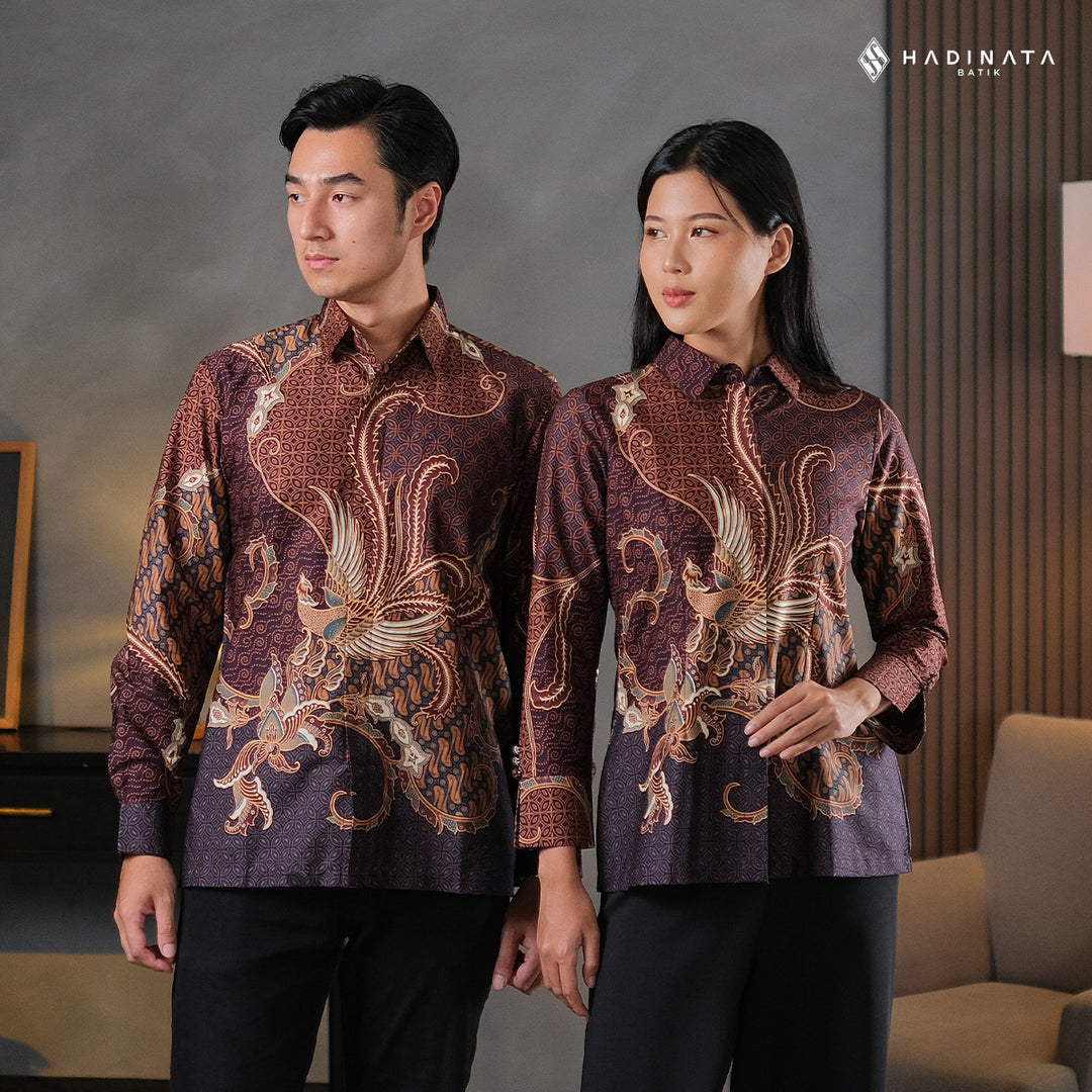 Hadinata Batik Sarimbit Set Batik Couple Mahija Brown - Kemeja Panjang Superfine & Blouse Lengan Panjang
