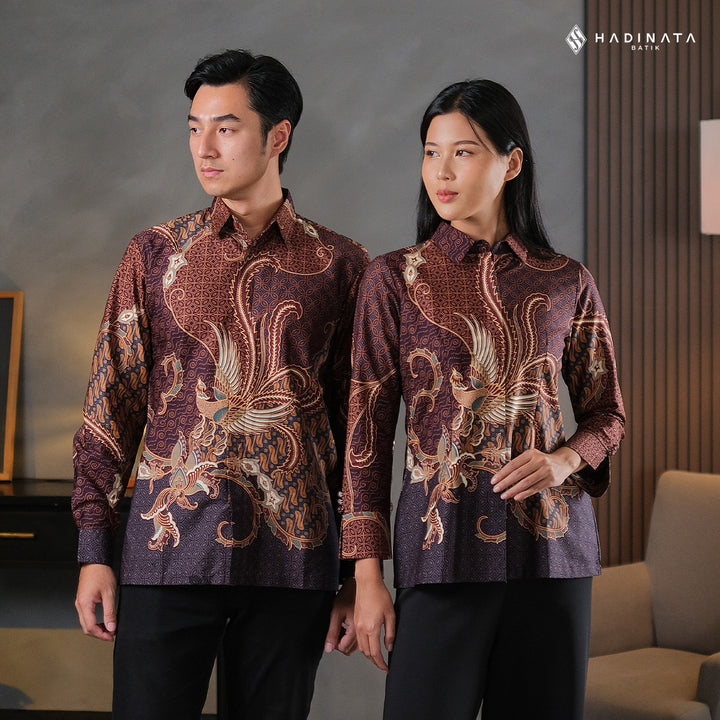 Hadinata Batik Sarimbit Set Batik Couple Mahija Brown - Kemeja Panjang Superfine & Blouse Lengan Panjang