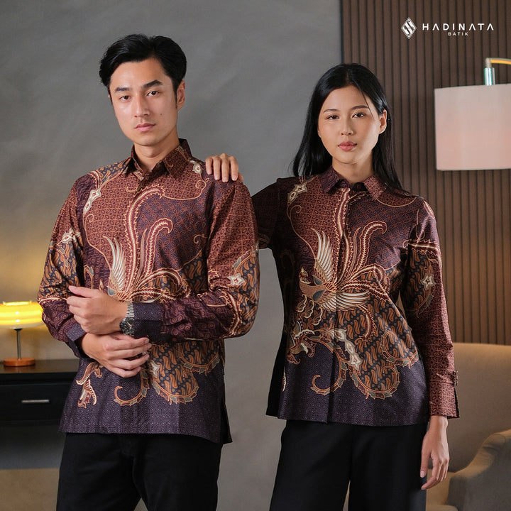 Hadinata Batik Sarimbit Set Batik Couple Mahija Brown - Kemeja Panjang Superfine & Blouse Lengan Panjang