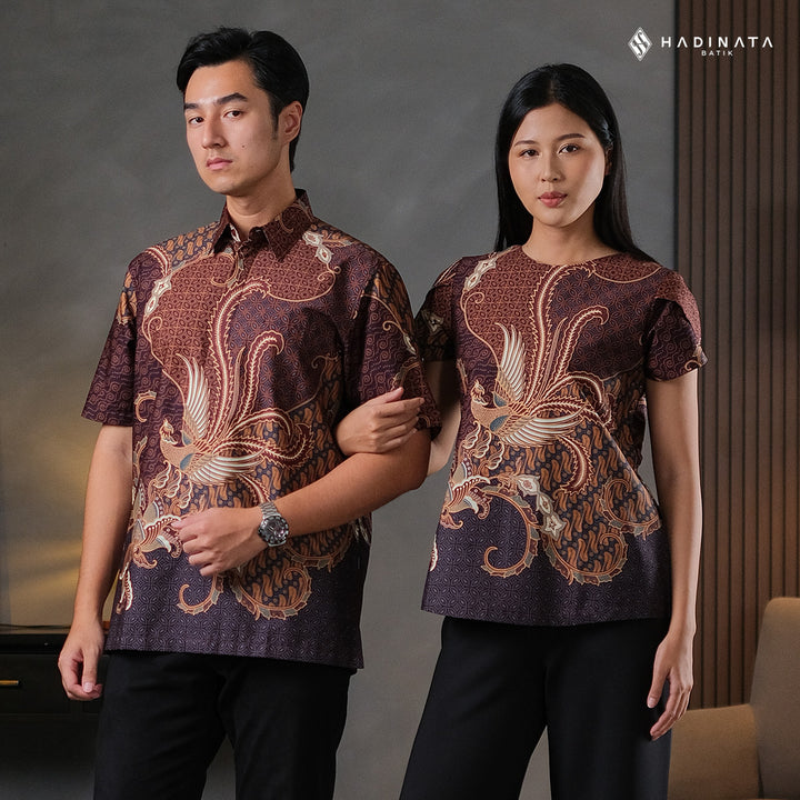 Hadinata Batik Sarimbit Set Batik Couple Mahija Brown - Kemeja Pendek Superfine & Blouse Lengan Pendek