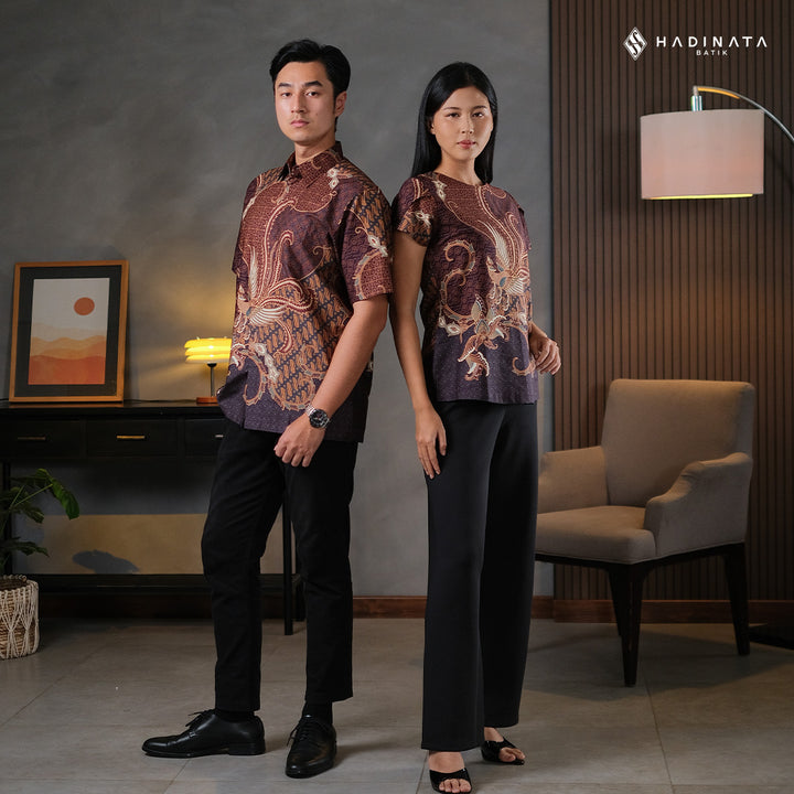 Hadinata Batik Sarimbit Set Batik Couple Mahija Brown - Kemeja Pendek Superfine & Blouse Lengan Pendek