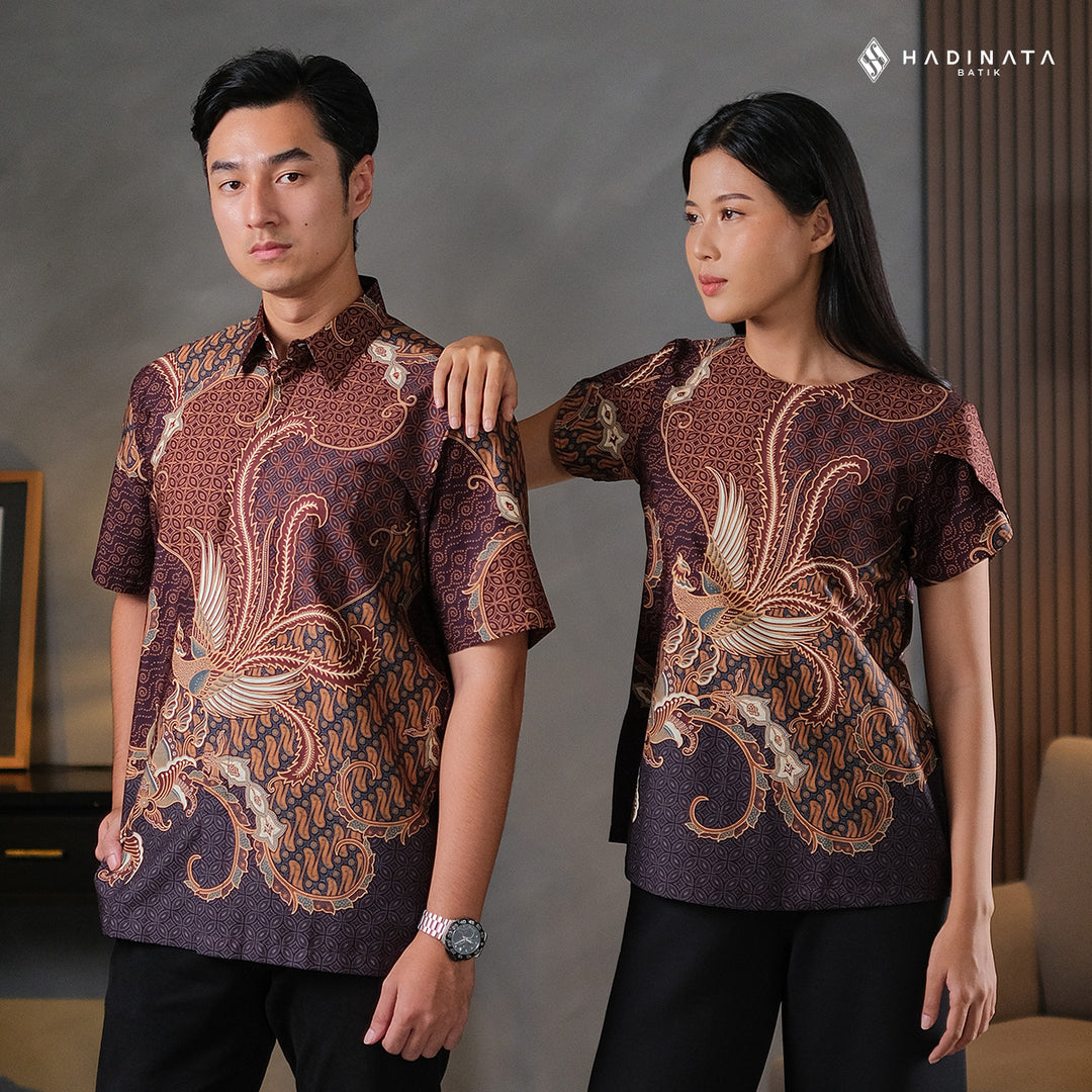 Hadinata Batik Sarimbit Set Batik Couple Mahija Brown - Kemeja Pendek Superfine & Blouse Lengan Pendek