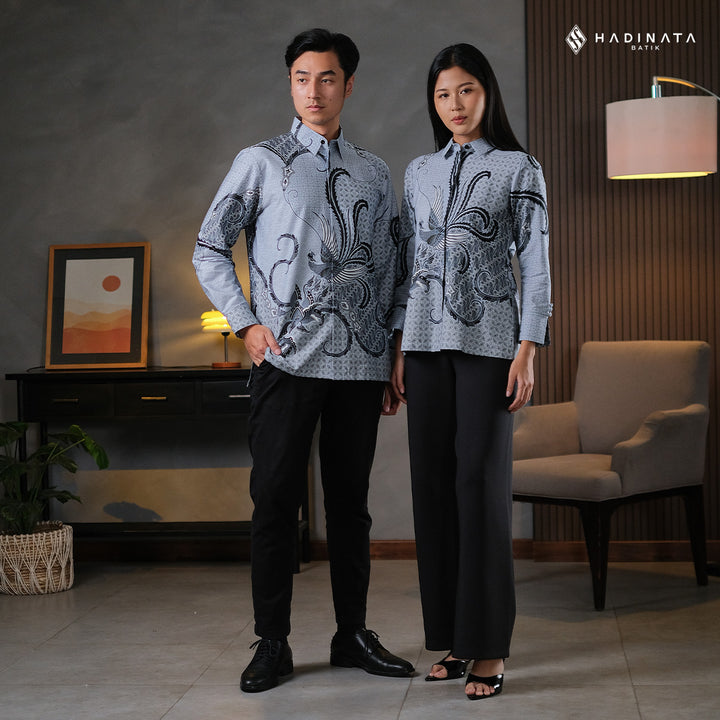 Hadinata Batik Sarimbit Set Batik Couple Mahija Grey - Kemeja Panjang Superfine & Blouse Lengan Panjang