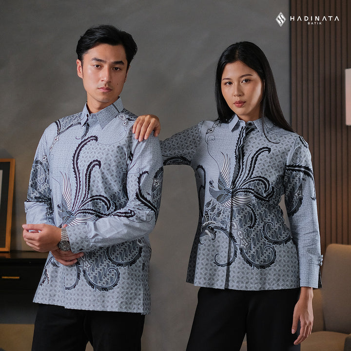 Hadinata Batik Sarimbit Set Batik Couple Mahija Grey - Kemeja Panjang Superfine & Blouse Lengan Panjang