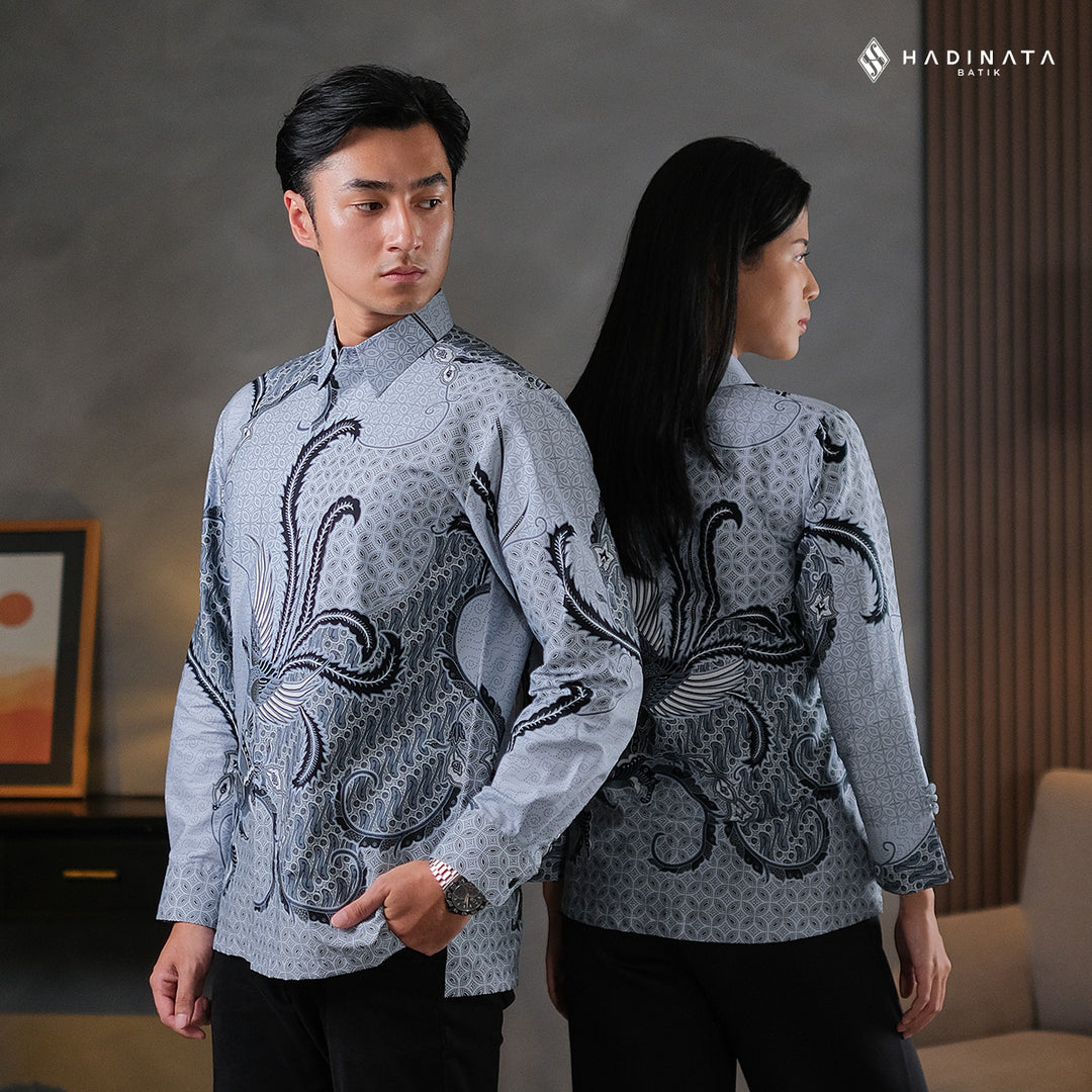 Hadinata Batik Sarimbit Set Batik Couple Mahija Grey - Kemeja Panjang Superfine & Blouse Lengan Panjang