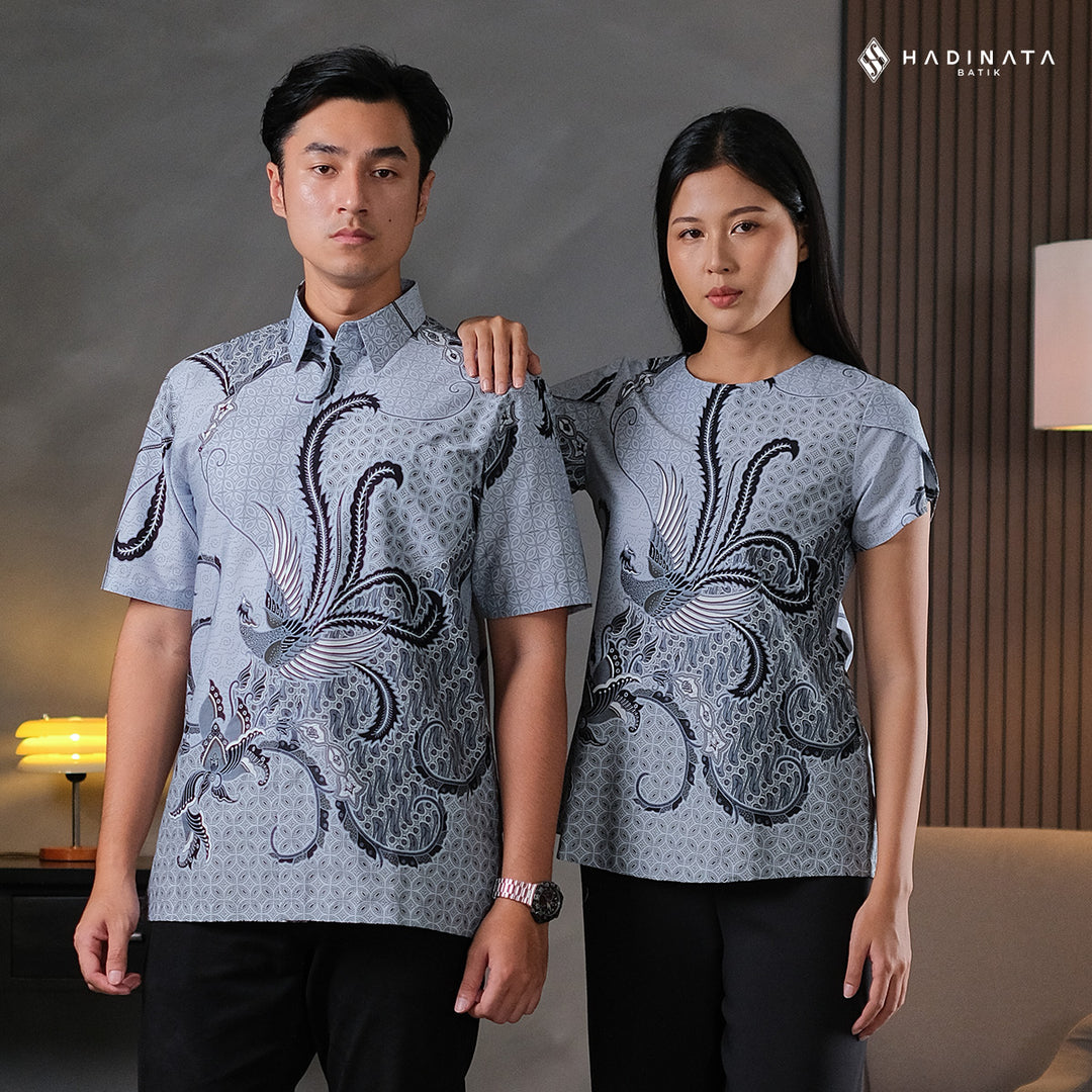 Hadinata Batik Sarimbit Set Batik Couple Mahija Grey - Kemeja Pendek Superfine & Blouse Lengan Pendek
