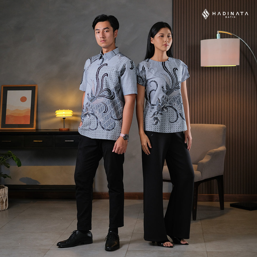Hadinata Batik Sarimbit Set Batik Couple Mahija Grey - Kemeja Pendek Superfine & Blouse Lengan Pendek