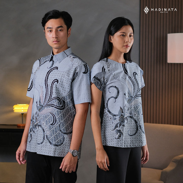 Hadinata Batik Sarimbit Set Batik Couple Mahija Grey - Kemeja Pendek Superfine & Blouse Lengan Pendek