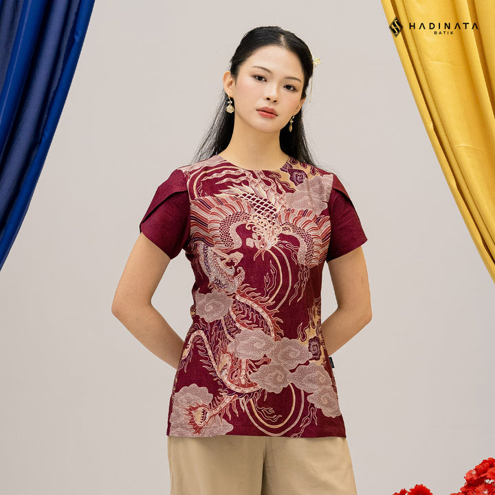 Hadinata Batik Premium Blouse Batik Wanita Lengan Pendek Superfine Bhawana Maroon