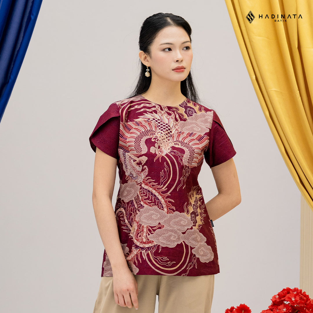 Hadinata Batik Premium Blouse Batik Wanita Lengan Pendek Superfine Bhawana Maroon
