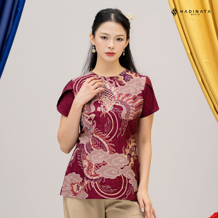 Hadinata Batik Premium Blouse Batik Wanita Lengan Pendek Superfine Bhawana Maroon