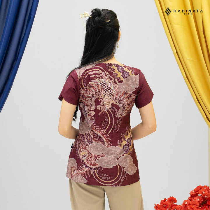 Hadinata Batik Premium Blouse Batik Wanita Lengan Pendek Superfine Bhawana Maroon