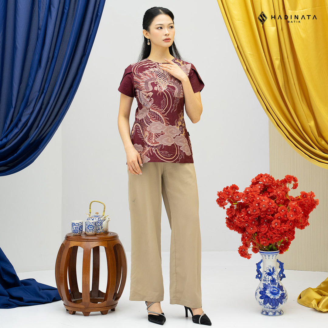 Hadinata Batik Premium Blouse Batik Wanita Lengan Pendek Superfine Bhawana Maroon