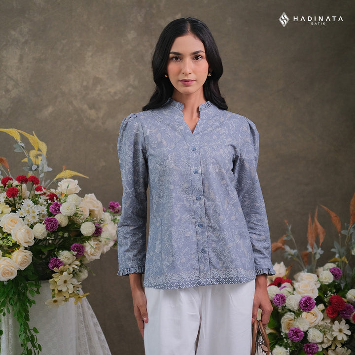 Hadinata Batik Premium Blouse Batik Wanita Lengan Panjang Superfine Senandika Grey