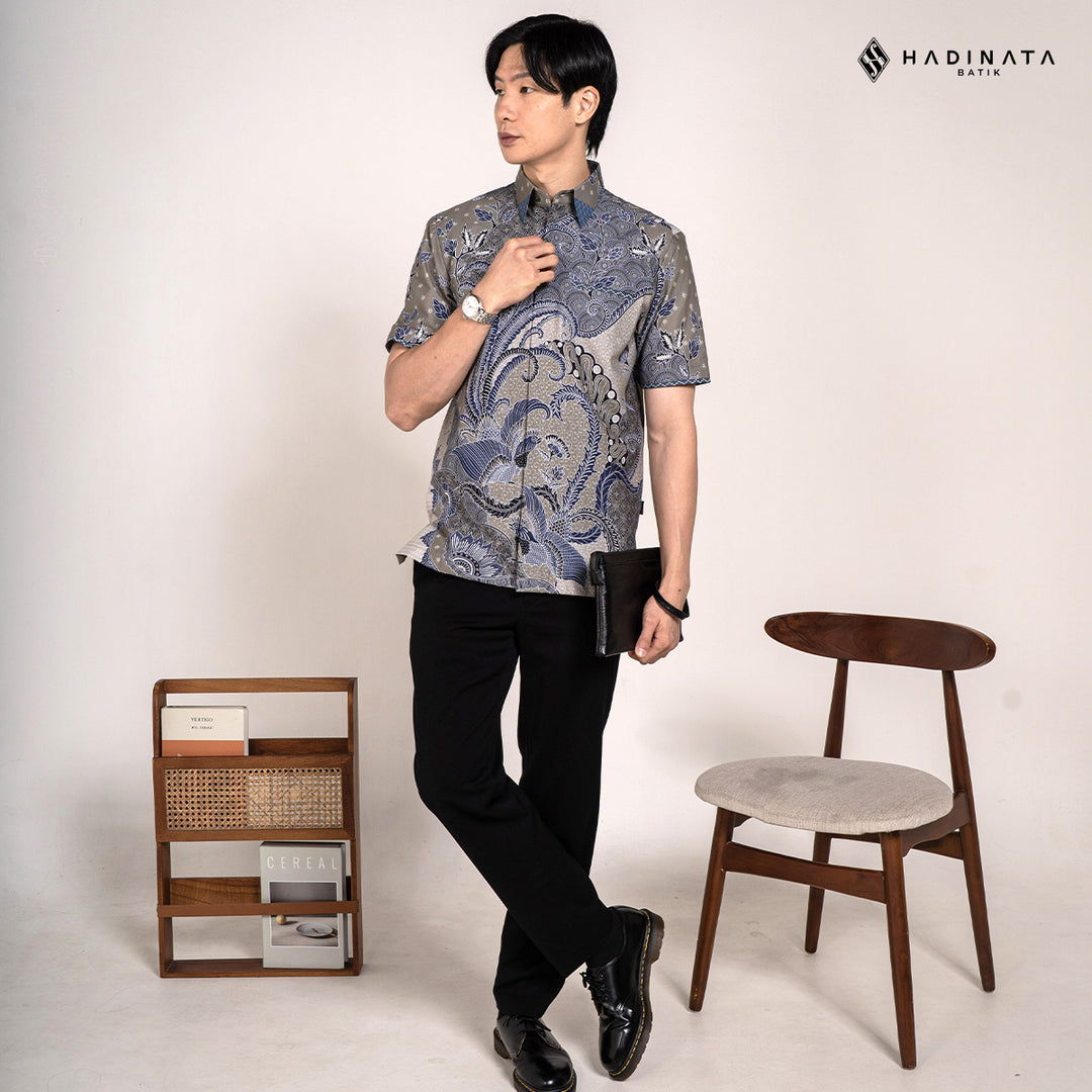 Hadinata Embroidery Batik Kemeja Pendek Omkara Grey