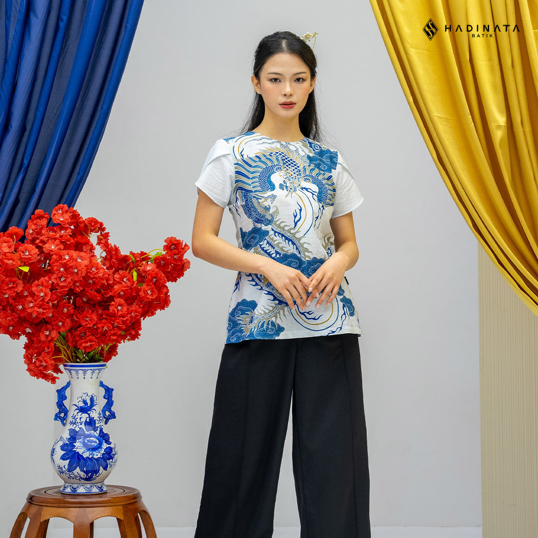 Hadinata Batik Premium Blouse Batik Wanita Lengan Pendek Superfine Bhawana White