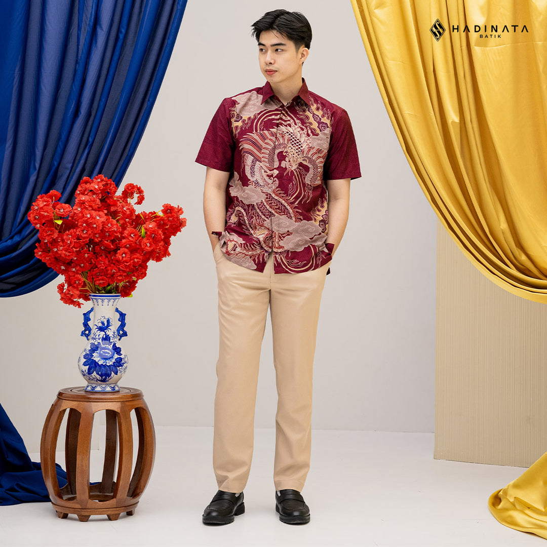 Hadinata Batik Premium Kemeja Batik Pria Lengan Pendek Superfine Bhawana Maroon