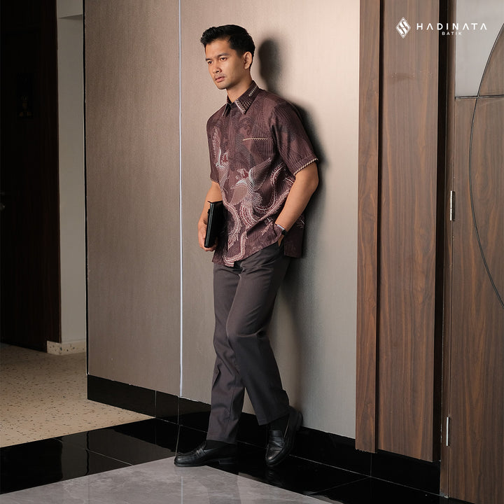 Hadinata Embroidery Batik Kemeja Pendek Dobby Aarush Maroon