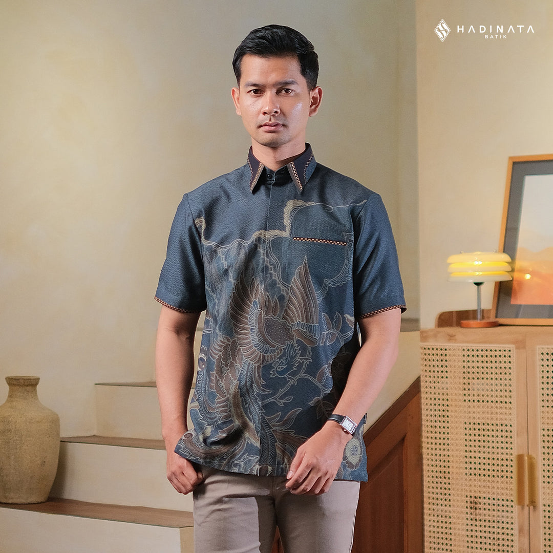 Hadinata Embroidery Batik Kemeja Pendek Dobby Wirapaksa Navy
