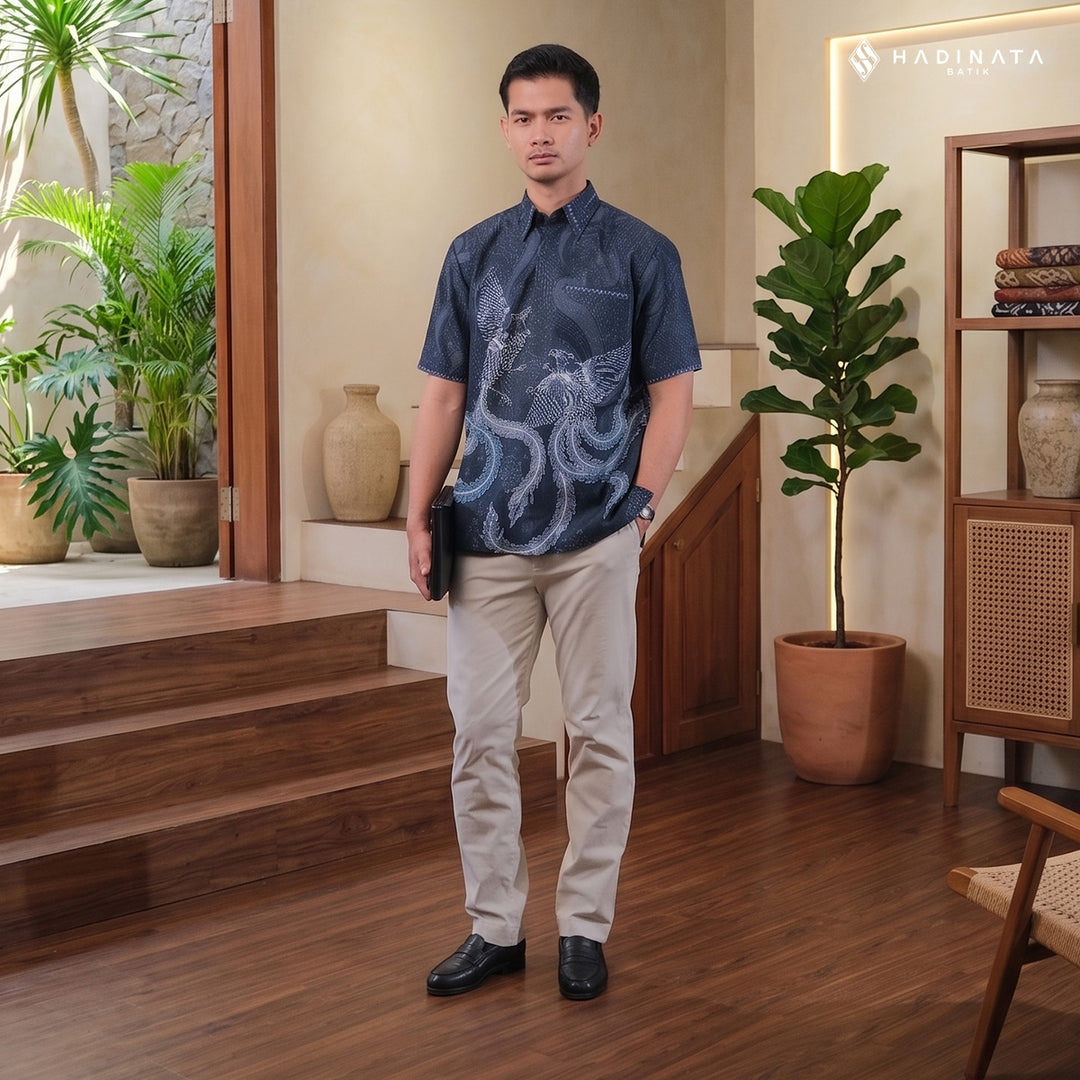 Hadinata Embroidery Batik Kemeja Pendek Dobby Aarush Navy