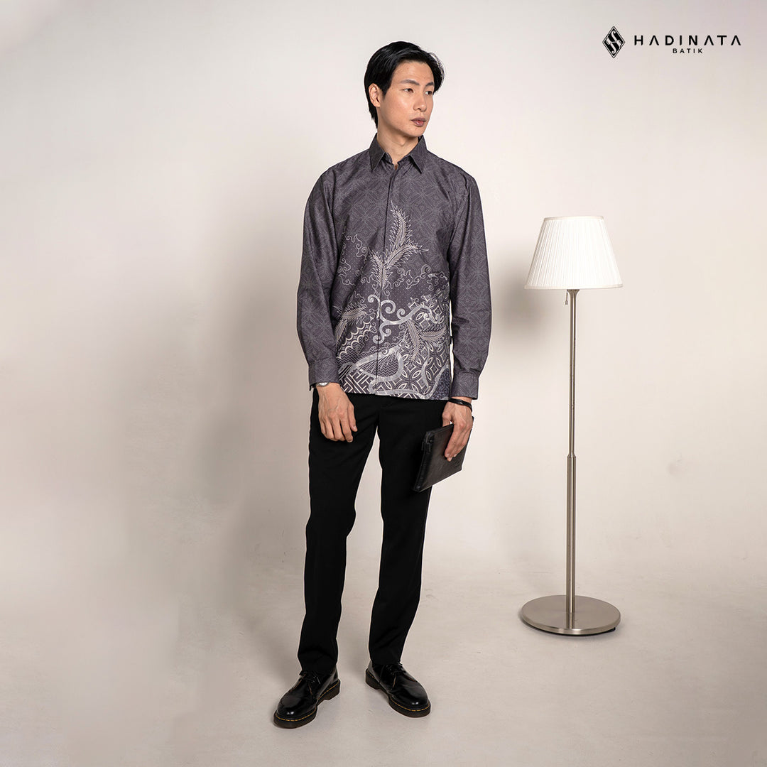 Hadinata Batik Premium Kemeja Batik Pria Lengan Panjang Superfine Furing Datura Grey