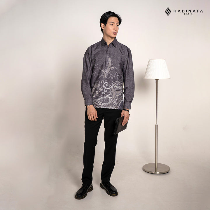 Hadinata Batik Premium Kemeja Batik Pria Lengan Panjang Superfine Furing Datura Grey