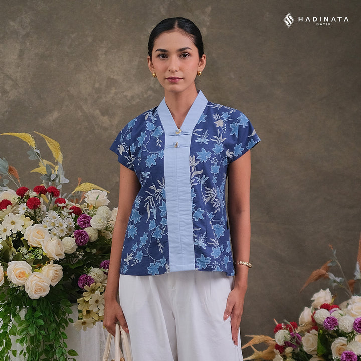 Hadinata Batik Premium Blouse Batik Wanita Lengan Pendek Superfine Vidalea Navy