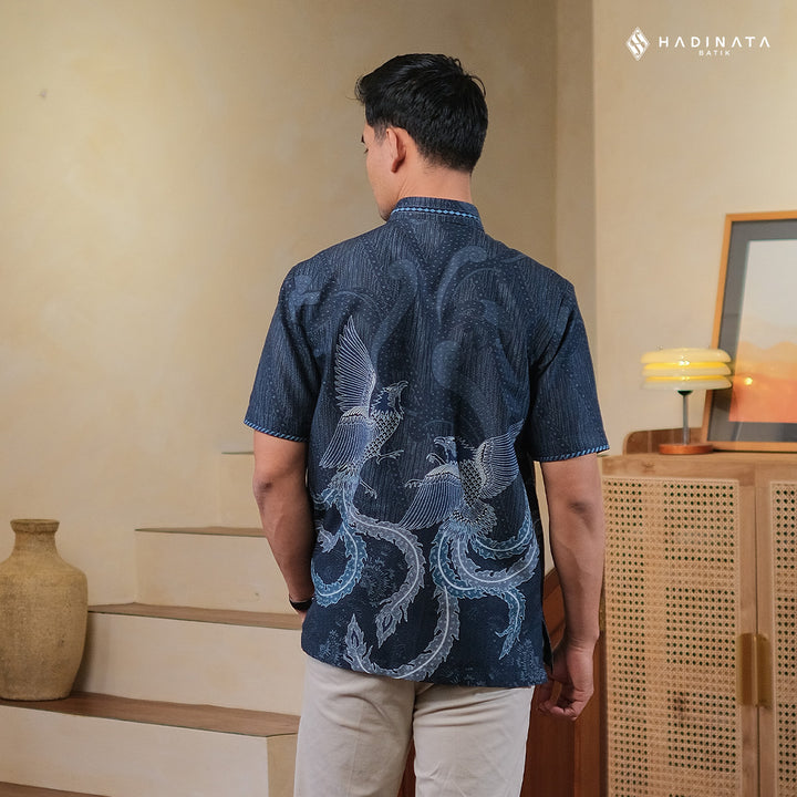 Hadinata Embroidery Batik Kemeja Pendek Dobby Aarush Navy