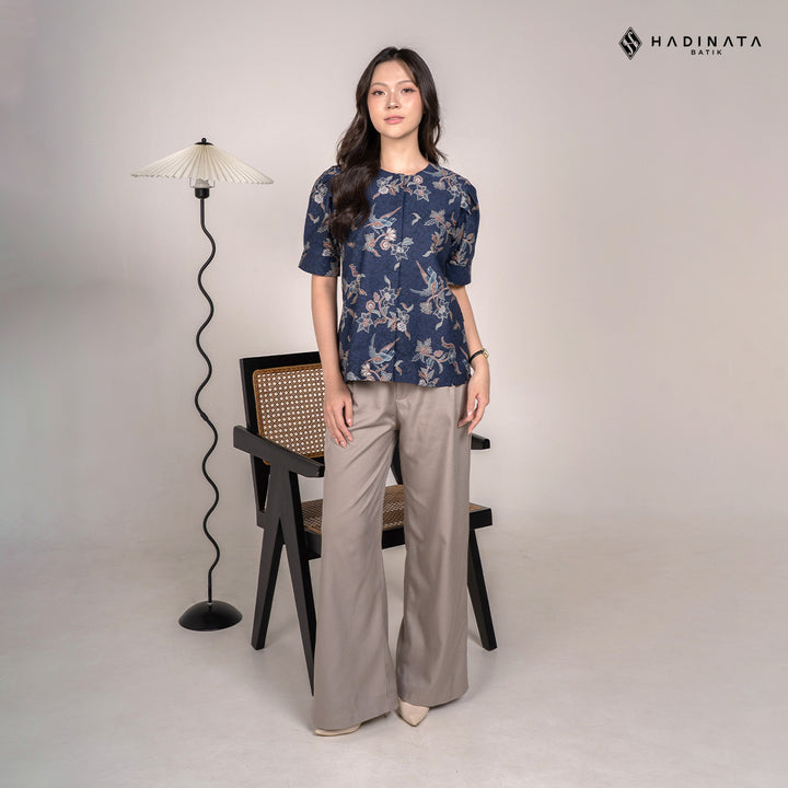 Hadinata Batik Premium Blouse Batik Wanita Lengan Pendek Superfine Rinanti Navy