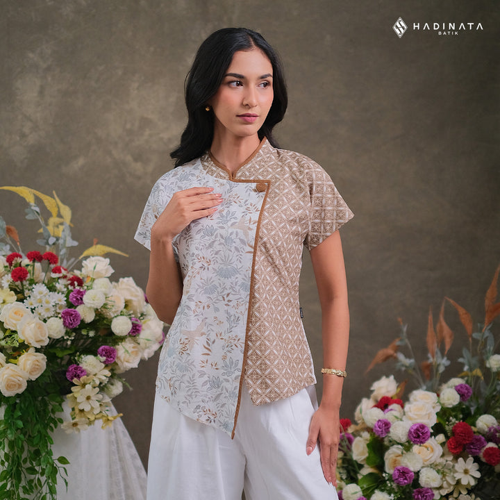 Hadinata Batik Premium Blouse Batik Wanita Lengan Pendek Superfine Widuri White