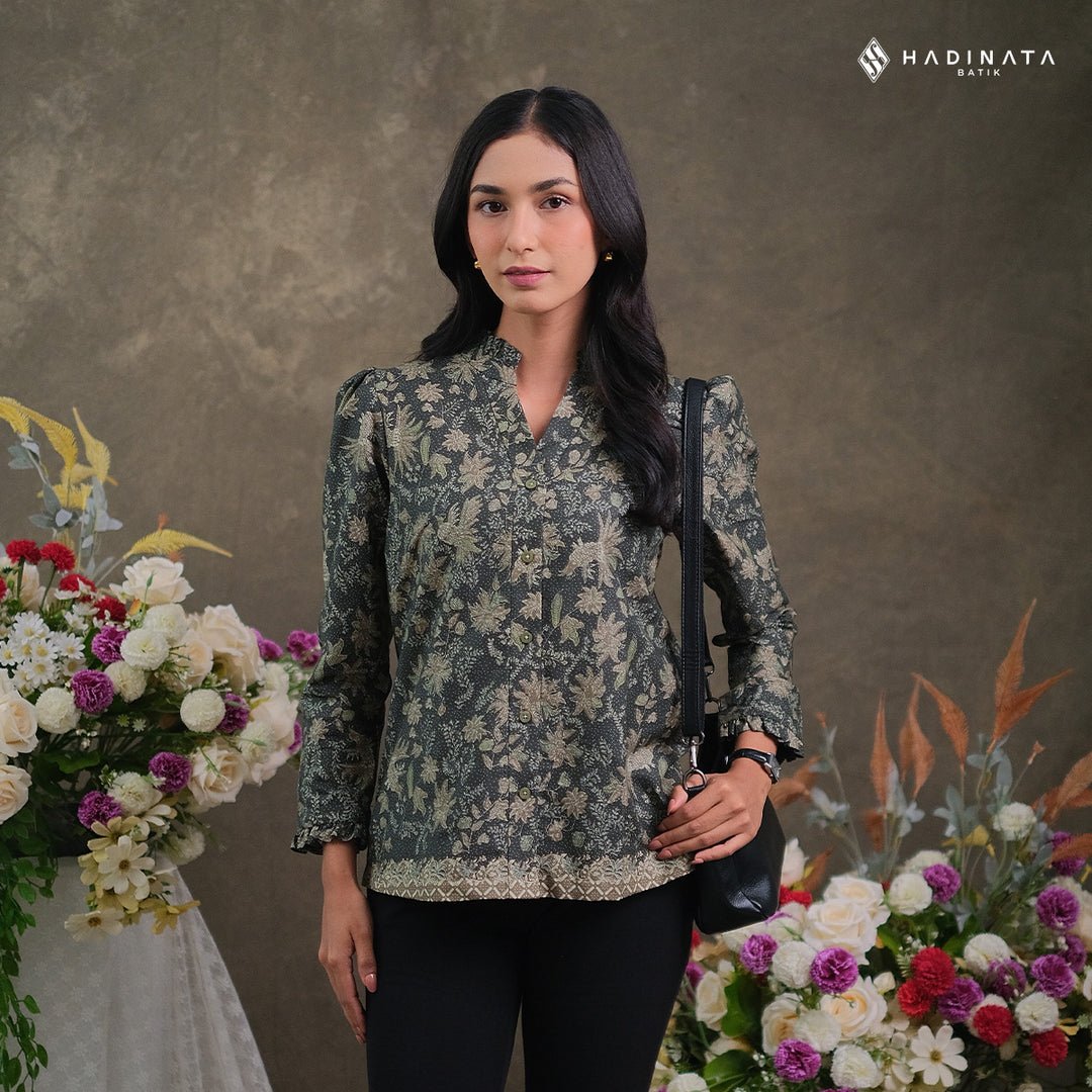 Hadinata Batik Premium Blouse Batik Wanita Lengan Panjang Superfine Senandika Green