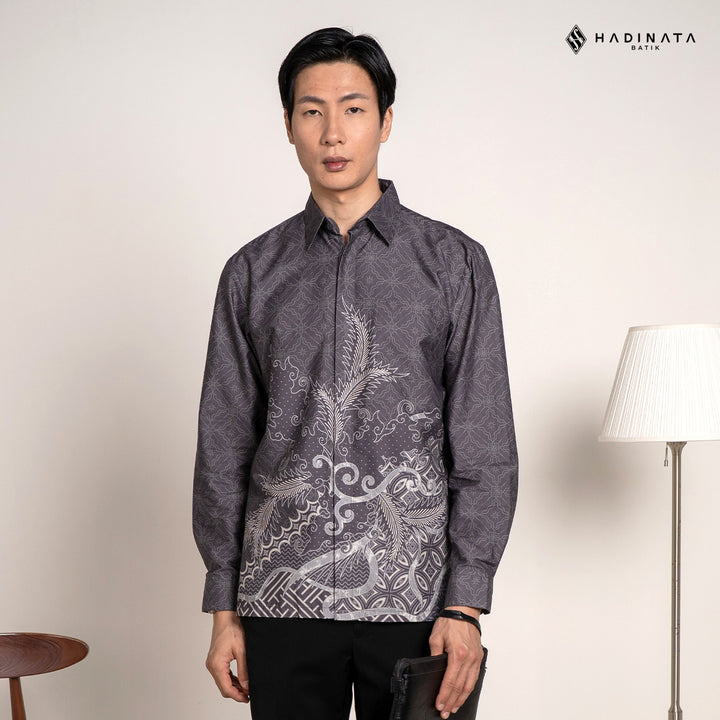 Hadinata Batik Premium Kemeja Batik Pria Lengan Panjang Superfine Furing Datura Grey