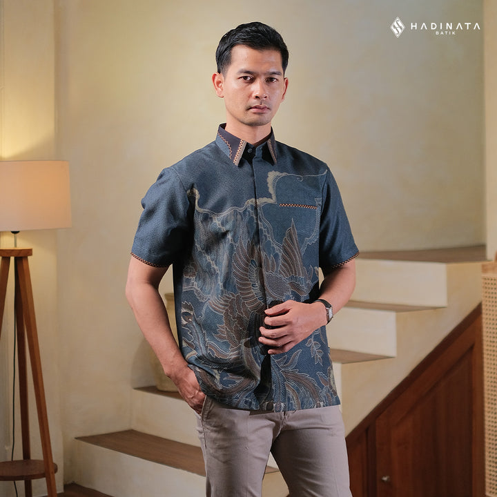 Hadinata Embroidery Batik Kemeja Pendek Dobby Wirapaksa Navy