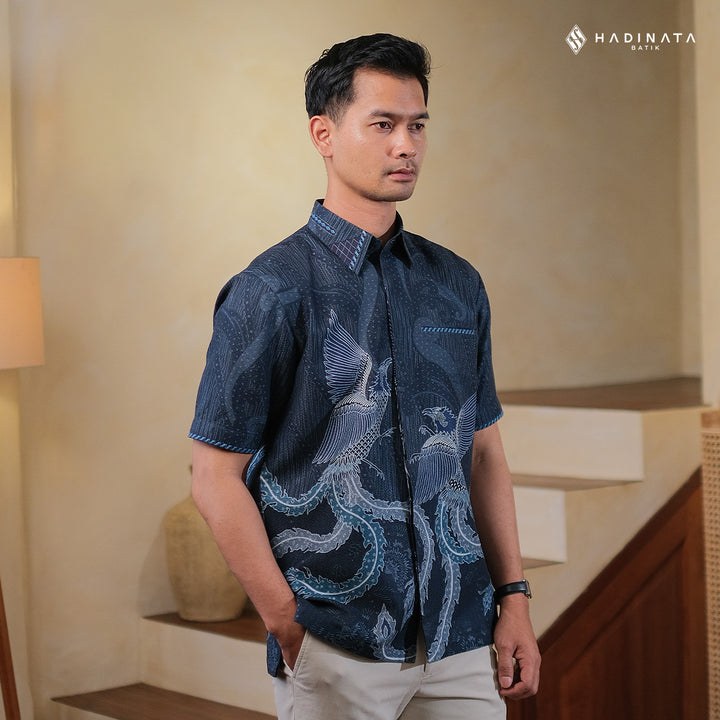 Hadinata Embroidery Batik Kemeja Pendek Dobby Aarush Navy