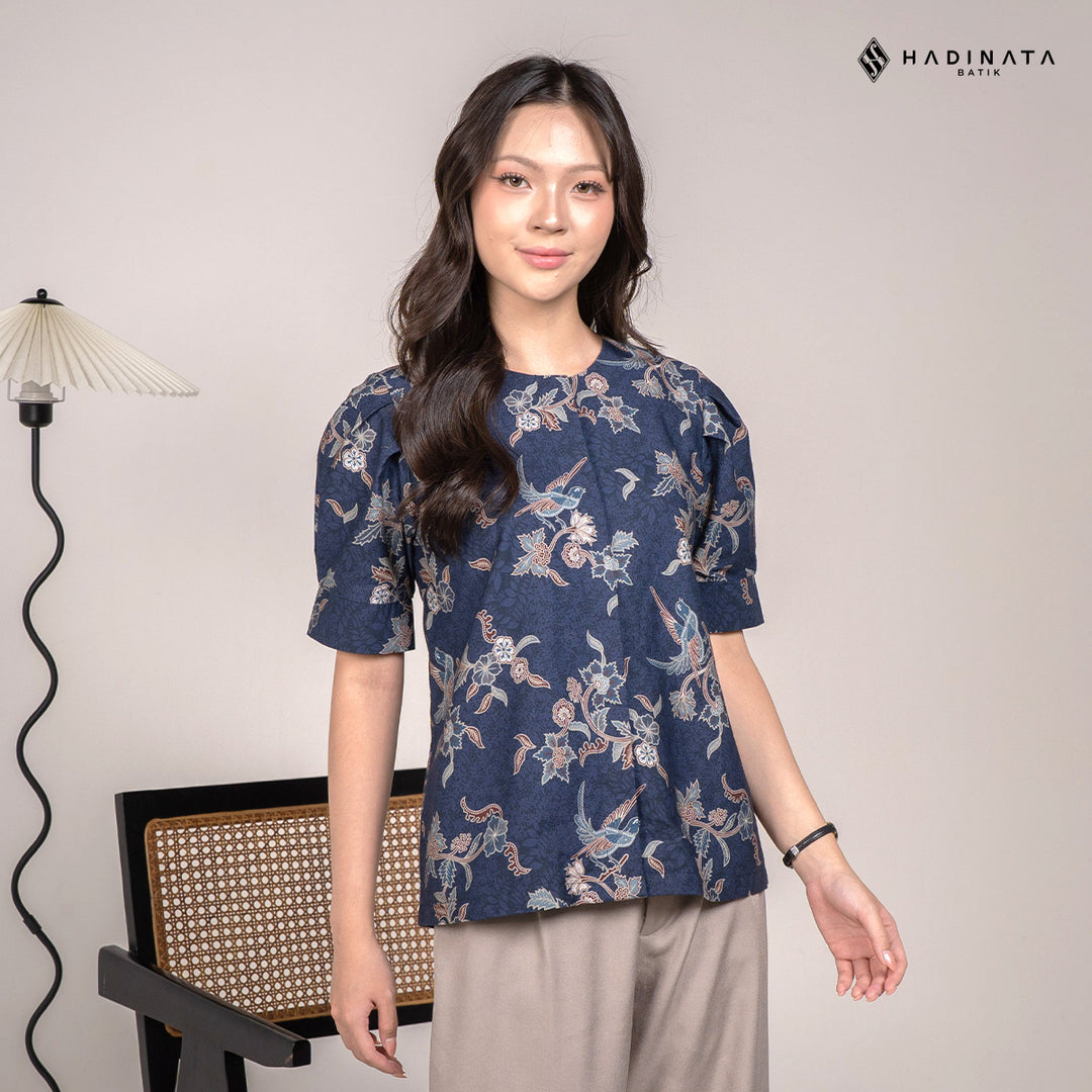 Hadinata Batik Premium Blouse Batik Wanita Lengan Pendek Superfine Rinanti Navy