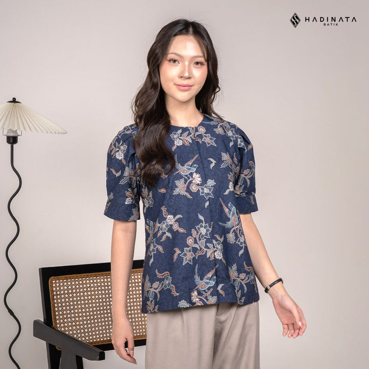 Hadinata Batik Premium Blouse Batik Wanita Lengan Pendek Superfine Rinanti Navy