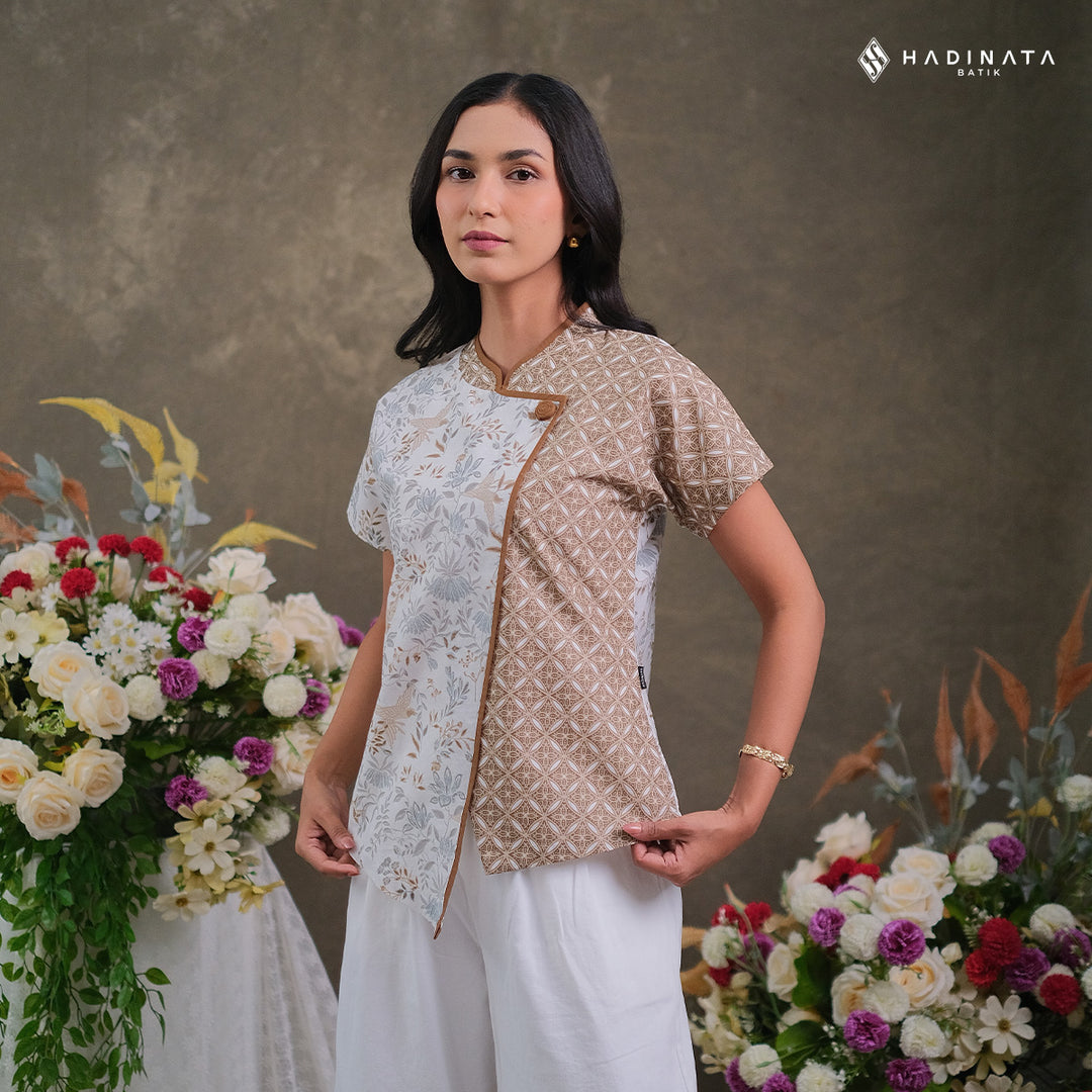 Hadinata Batik Premium Blouse Batik Wanita Lengan Pendek Superfine Widuri White