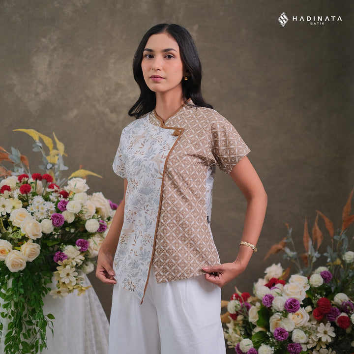 Hadinata Batik Premium Blouse Batik Wanita Lengan Pendek Superfine Widuri White