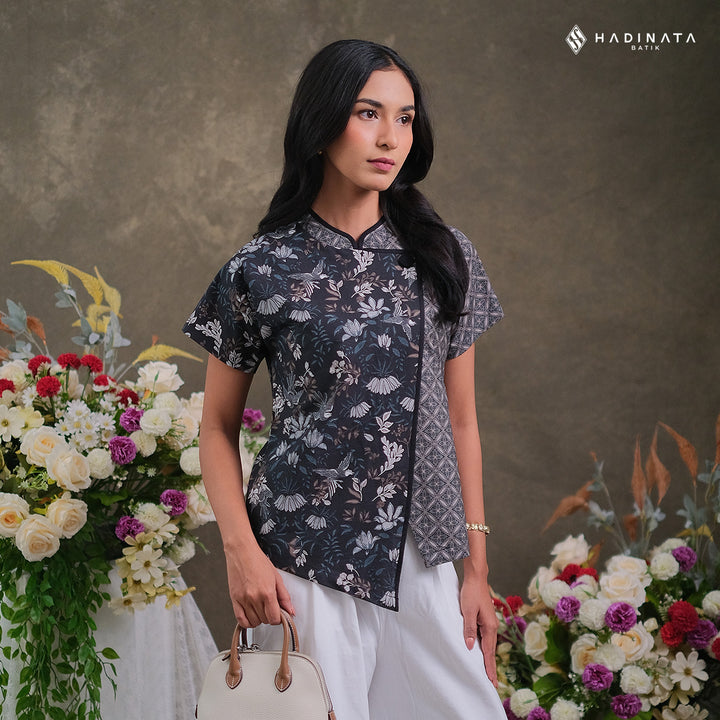Hadinata Batik Premium Blouse Batik Wanita Lengan Pendek Superfine Widuri Black