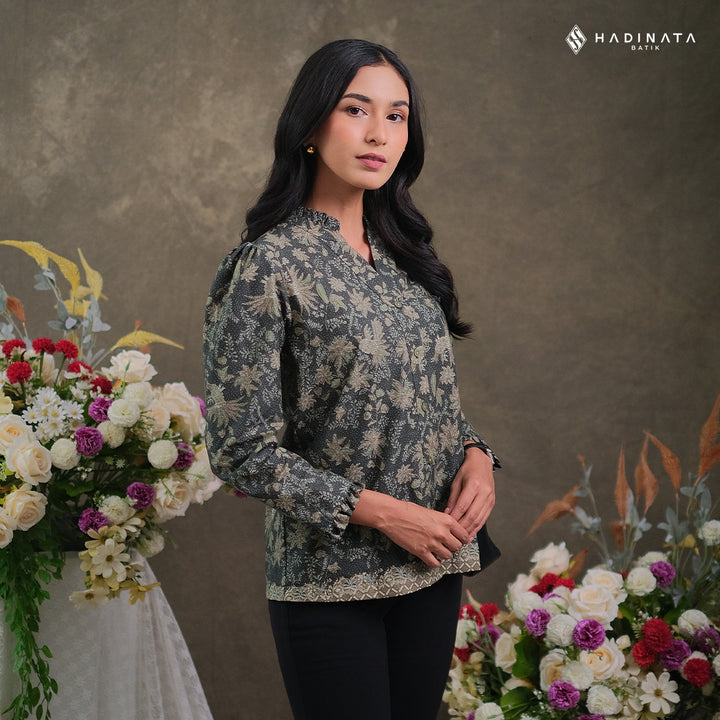 Hadinata Batik Premium Blouse Batik Wanita Lengan Panjang Superfine Senandika Green